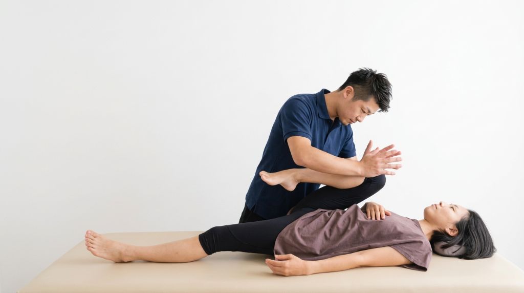 仰向けで膝を倒し、お尻まわりを伸ばすパーソナルストレッチ