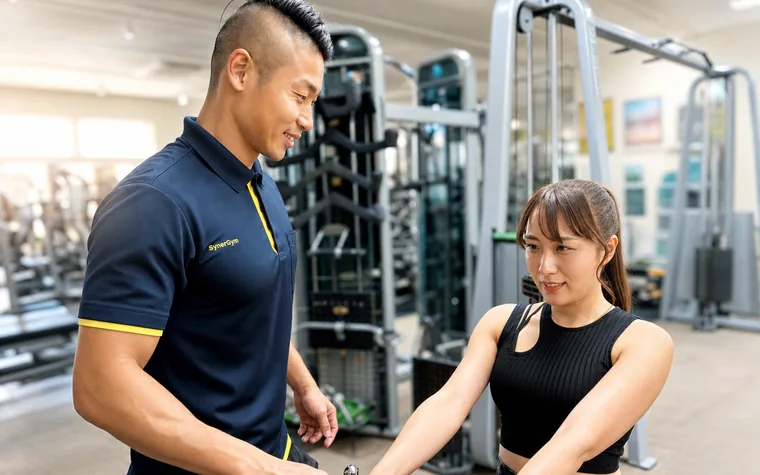 ライトパーソナルでマシンのフォームを確認するトレーナーと会員（シナジム三木小野インター店）