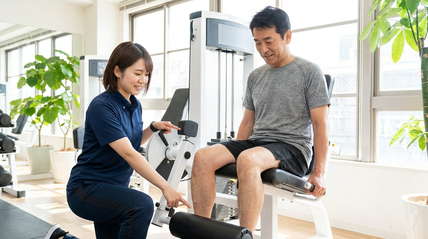 女性トレーナーが男性クライアントのレッグエクステンションを丁寧に指導している様子