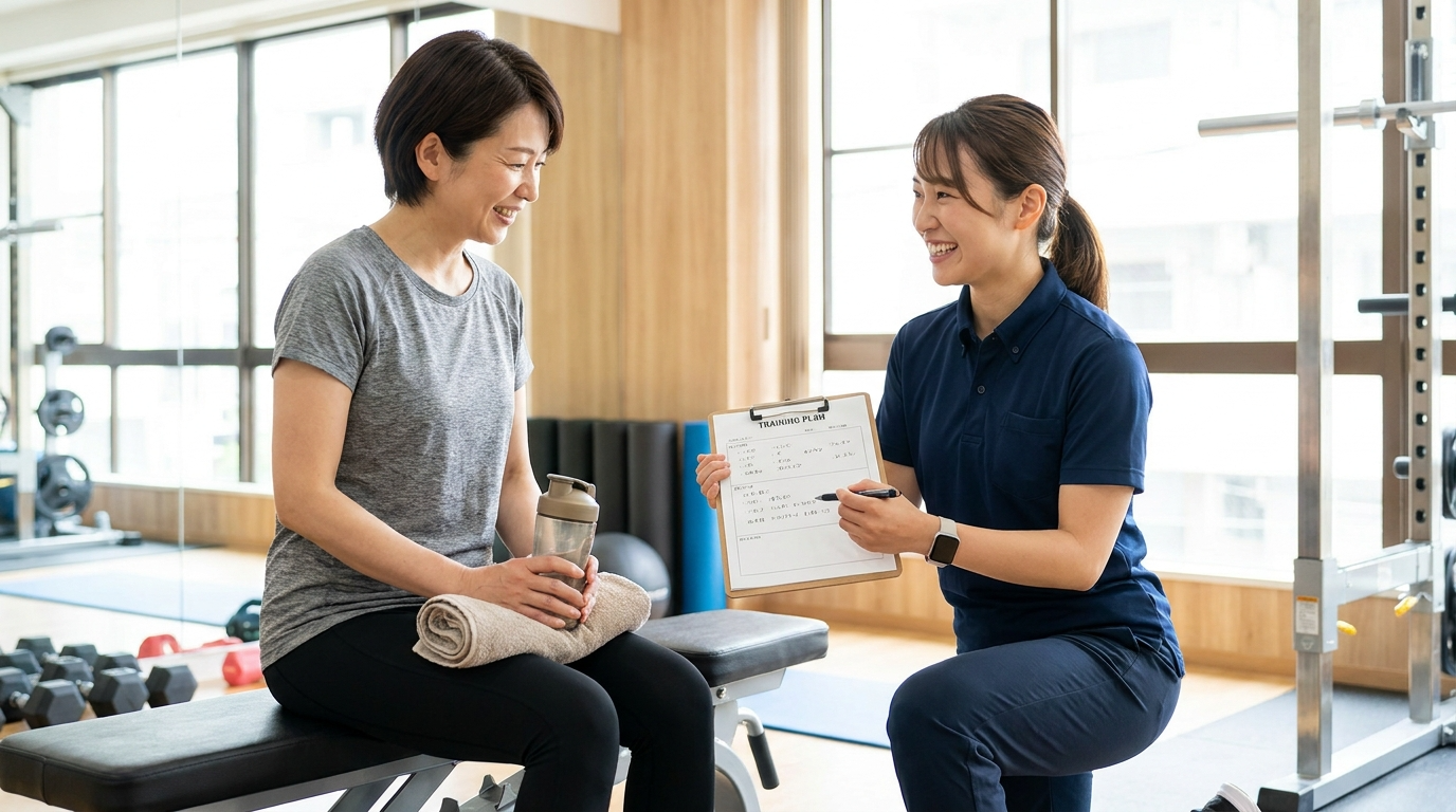女性トレーナーがトレーニングプランをクリップボードで説明しているカウンセリングの様子