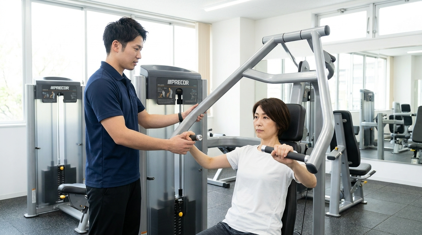 チェストプレスを指導する男性と女性