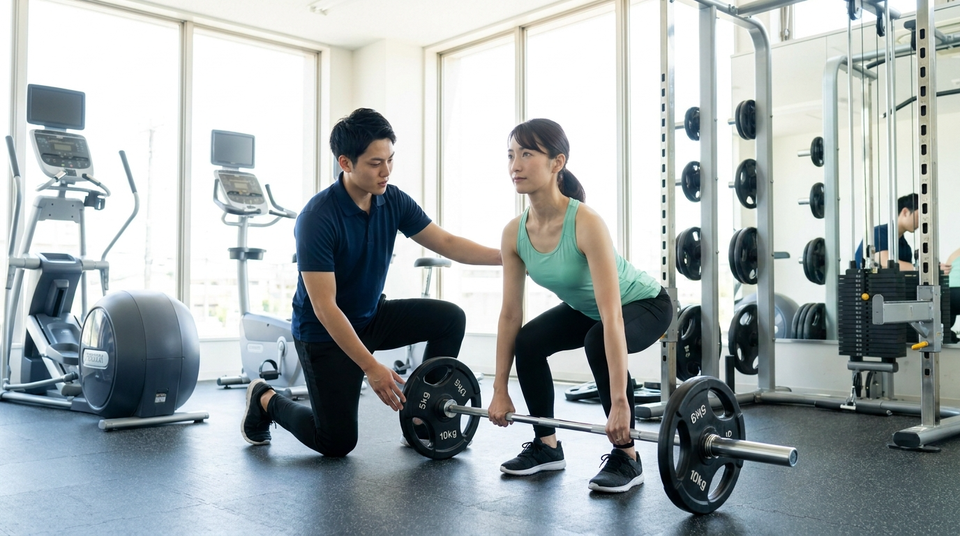 デッドリフトを指導する男性と女性