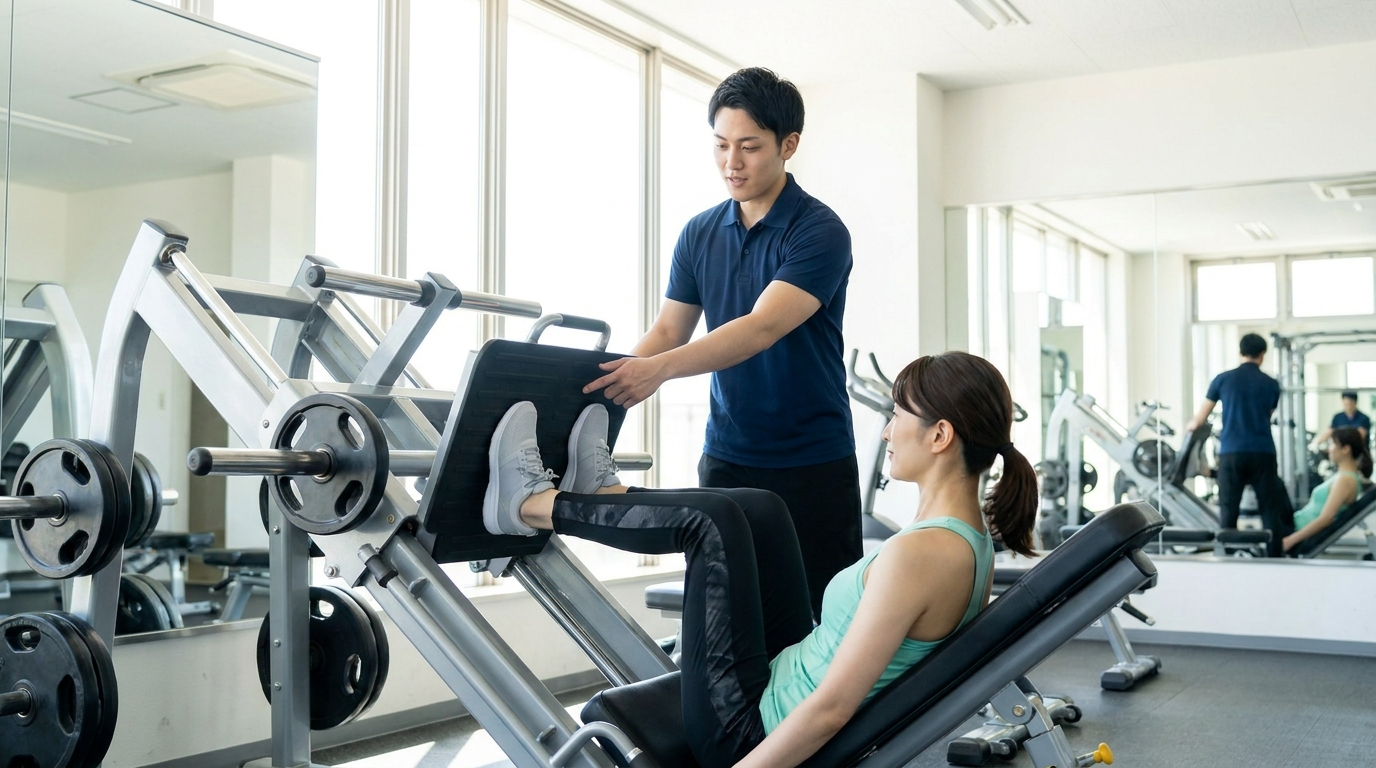 レッグプレスの使い方を指導するトレーナーと取り組む女性