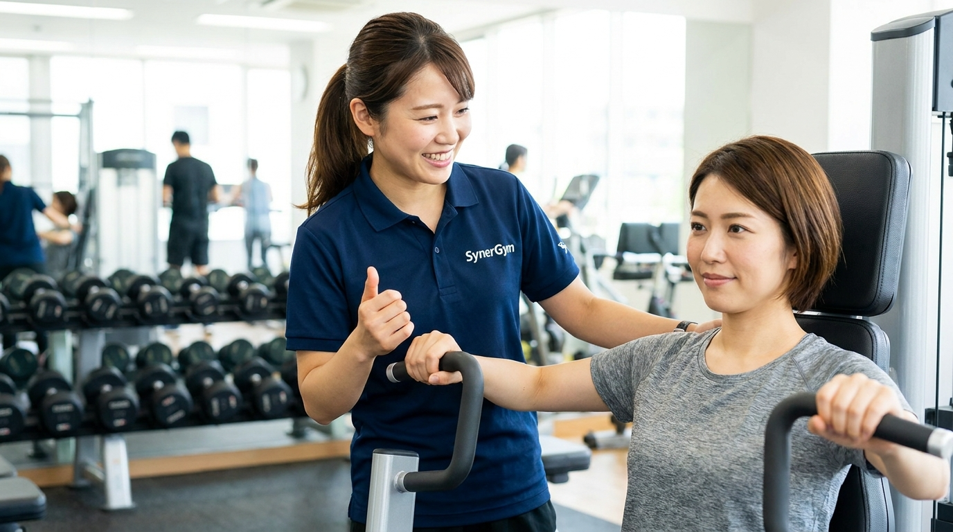 チェストプレスの使い方を指導するトレーナーと取り組む女性